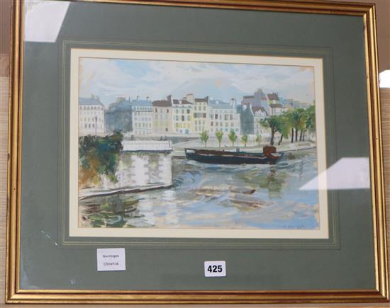 A. Wright, gouache, Canal scene, signed, 25 x 36cm